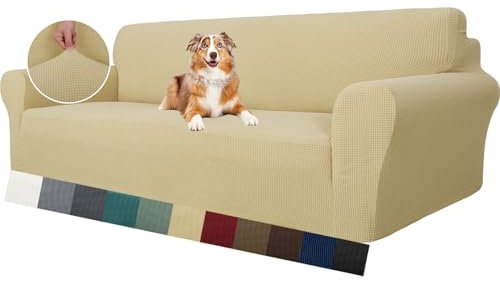 MAXIJIN Super Stretch Couch Bezug für 4-Sitzer Couch, extra große universelle Sofabezüge Jacquard Spandex Pet Dog Möbel Protector Fitted Couch Schonbezug (4 Sitzer, Beige)