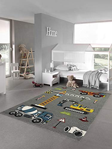 Kinderteppich Spielteppich Baustelle Teppich mit Bagger in grau Größe 200 x 290 cm