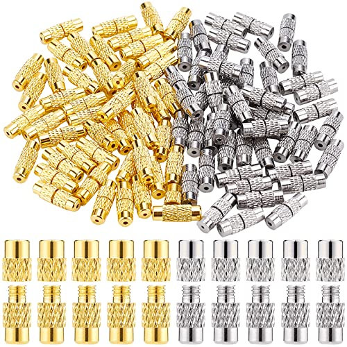 SUNNYCLUE 1 Box 100 Sets 2 Colors Brass Screw Twist Clasps 12 x 4 mm Cord End Caps Column Barrel Screw Clasps Tube Fastener for DIY Jewelry Making Bracelet Necklace Crafts Supplies