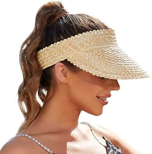 Viseras y Sombreros de Paja para Mujer, Sombreros de Playa Plegables, Hechos a Mano, protección Solar, Beige, Talla única