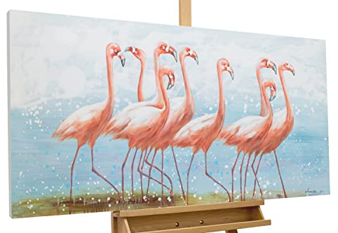KunstLoft Tableau peinture moderne | 100% PEINT À LA MAIN | 120x60cm | Peinture sur toile 'Flamingo Clique' | Flamant rose | Rose Bleu | Deco murale salon