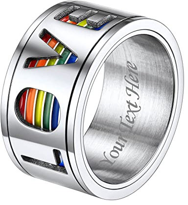Suplight Personalisiert LGBTQ Spinner Ring Edelstahl Lesbian Pride Homosexuell Drehring Partnerring Ehering Modeschmuck Größe 20,5mm Silber