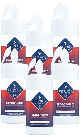 Antibacterial Sanitising Probe Wipes for Surfaces, Utensils & Food Probes- Food Safe Alcohol Free Formula - 150 Large Strong Unscented Disinfecting Wipes in Refillable Container - Tub Pack of 6