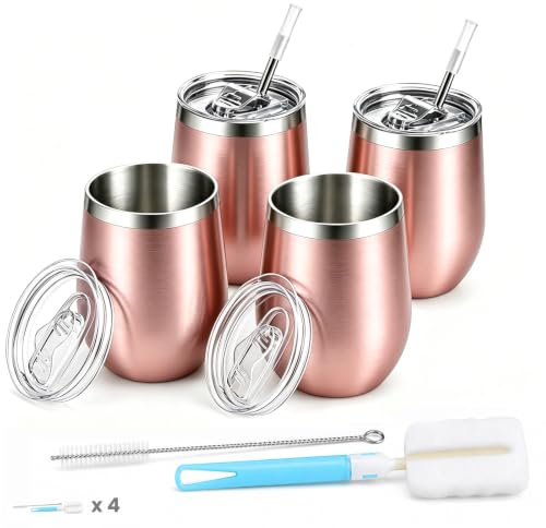 BeBeiZi 4 Stück Weinbecher Edelstahl, 350ml Stemless Weinbecher Mit Deckel Und Strohhalm, Vakuumisolierte Reisekaffeetasse für Cocktails, Coffee, Hochzeitsgeschenk, Geburtstag Frauen, DIY