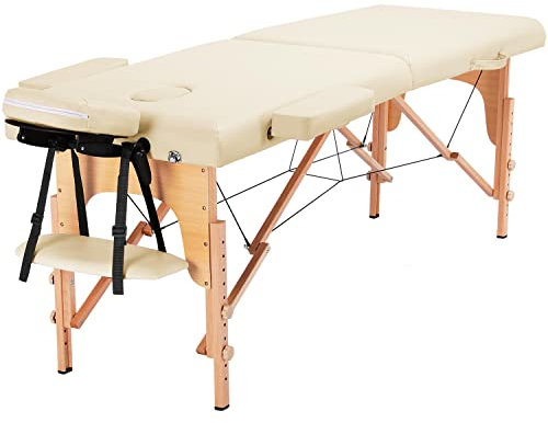 Yaheetech Table de Massage Portable Pliable à 2 Zones Charge 250 kg en Bois Hêtre Hauteur Réglable avec Appuie-tête Amovible Sac de Transport 213 x 60 cm/Crème