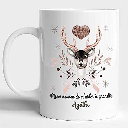 Lalasol Mug Votre Prénom Personnalisé - Idée Cadeau Pour Nounou – Tasse Pour l'Anniversaire ou Pot De Départ Noël - Merci Nounou De M'aider A Grandir - Imprimé en France