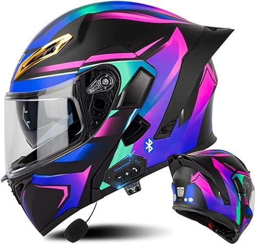 Full Face Motorcycle Helmet, Motorcycle Full Face Helmet, DOT/ECE Approved Bluetooth Motorbike Double Sun Visor Helmets, Wear-Resistant and Scratch-Resistant Lenses, for Adult (L(59~60cm), I)