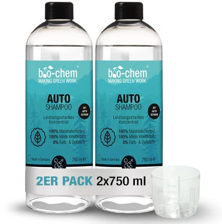 bio-chem AutoShampoo biologisch abbaubar – 2x 750 ml – pH-neutrales Konzentrat – Kraftvoll gegen Schmutz, schonend zum Lack – greift Wachs-Versiegelung nicht an - Made in Germany