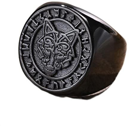 WSZJLN 22 mm Siegelring für Herren, schwarze runde Oberseite, nordischer Wikinger-Wolf-Stempelring, Vegvisir und nordischer Valknut, starker Punk-Ring-7