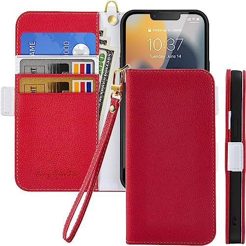 Tiyoo Flip Phone Case for iPhone 6 Plus/ 6s Plus, Premium Magnetic Wallet Case for Phone Protection, Lychee Pattern PU Leather with Card Slots, Shockproof Phone Cover for iPhone 6Plus/ 6sPlus, Red