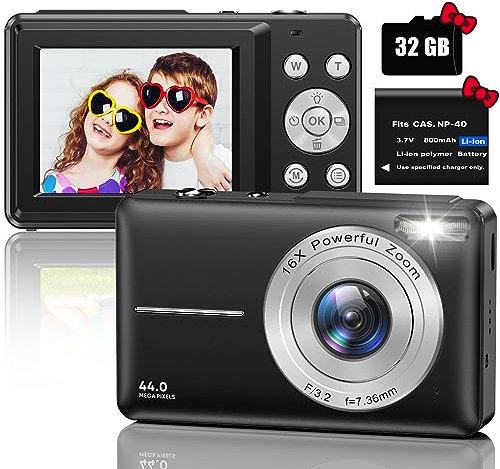 Fotocamera Digitale Compatte Macchina Fotografica Digitale con scheda SD da 32 GB, 1080P 44MP FHD Fotocamera Digitale con Zoom Digitale 16X, Ricaricabile Fotocamera per Bambini, Adulti(Nero)