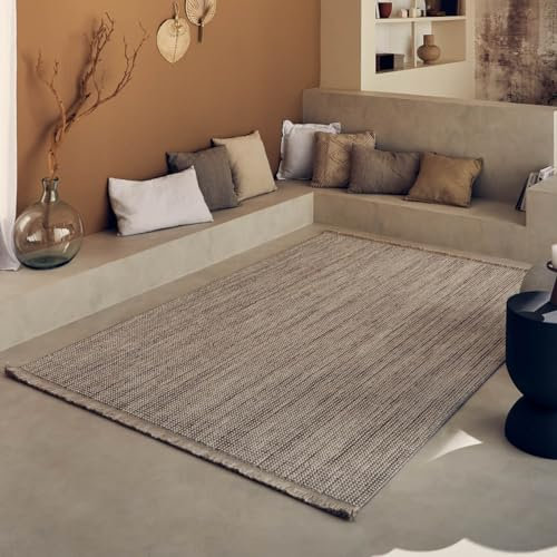 Nazar Teppich für Wohnzimmer, Bali, Wolloptik, lockiger Teppich, meliert, einfarbig und geometrisch, weich, bequem, mit Fransen (60 x 90 cm, 736 Beige)