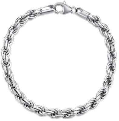 LELOUCHY Sterling Silver Rope Chain Bracelet 5mm Link for Men Boys Women Jewelry Gift 17.5cm, 20cm, and 22.5cm with Lobster Clasp