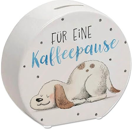 Relaxter Hund Spardose mit Spruch Für eine Kaffeepause EIN buntes Sparschwein für Hundebesitzer Motiv süß Sparbüchse Frauen Entspannung Arbeitsplatz entspannt Haustier