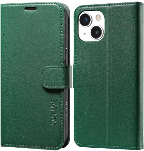 CASELIVE Wallet Case for iPhone 15 Plus, Genuine Leather Case with [Card Holder] [Screen Protector] [RFID Blocking][Shockproof TPU Shell] Kickstand Folio Cover for iPhone 15 Plus 6.7''(Midnight Green)