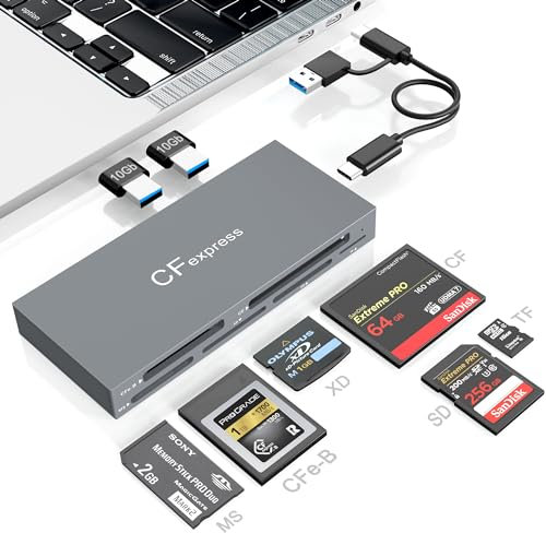 Lector de Tarjetas CFexpress Tipo B con USB 3.2 Gen 2 10 Gbps, 8 en 1 USB-C y USB-A a CFexpress Tipo B/SD/TF/CF/XD/MS/USB Adaptador Lector de Tarjetas, Lee 6 Tarjetas y 2 USB Simultáneamente