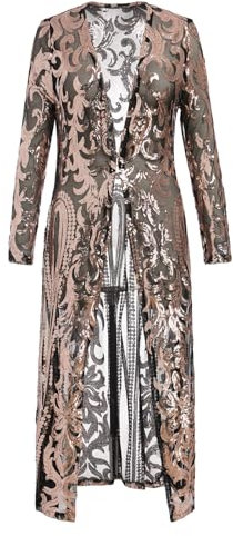 Women Sparkling Sequin Cardigan Duster Long Jacket 1920s Flapper Cover Up See Through Mesh Open Front Long Sleeve Dressy Coats for Evening Party Wedding Pageant Ball Prom Wedding Club Black Gold 4XL