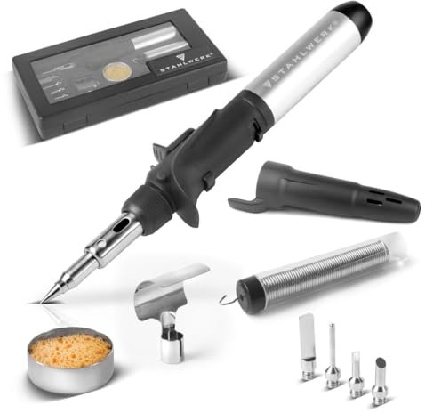 STAHLWERK Gas-Lötkolben GLK-500 ST 10-teiliges 3-in-1 Gas-Löt-Set | Lötgerät | Lötstation | Lötpistole mit 200-500°C Löttemperatur und 1.300°C Flammdüse für Heißluft-, Brand- und Lötarbeiten