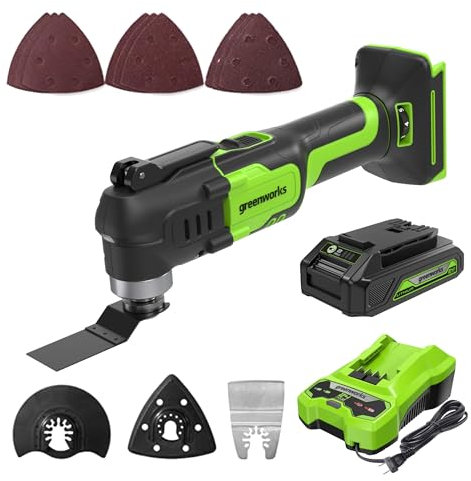 Greenworks 24V Akku-Oszillierendes Multifunktionswerkzeug mit 13 Zubehörteilen, 6 Geschwindigkeiten, 3° Oszillierender Winkel, bürstenloser Motor, schneller Klingenwechsel, mit 2Ah Akku und Ladegerät
