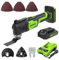 Greenworks 24V Akku-Oszillierendes Multifunktionswerkzeug mit 13 Zubehörteilen, 6 Geschwindigkeiten, 3° Oszillierender Winkel, bürstenloser Motor, schneller Klingenwechsel, mit 2Ah Akku und Ladegerät