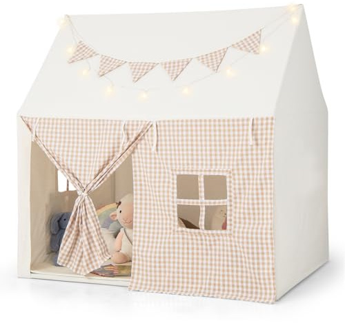 GOPLUS Kinderspielzelt, Spielzelt mit gepolsterter Matte, Sternenlichtern & Karierten Wimpeln, Spielhaus für drinnen & draußen mit Fenstern, Türen & Seitentaschen für Kinder ab 3 Jahren (Beige)