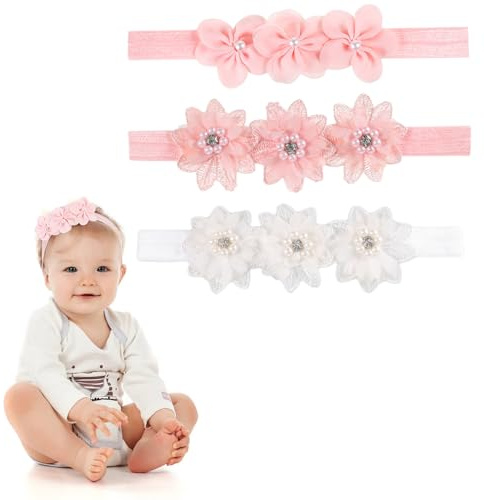 3PCS Baby Floral Headbands Girl Flower, Soft Lace Petals Baby Headband | Cute Stretchy Pearl Baby Headband, Baby Hair Accessories Newborn Headbands for Girls, Baby Girl Hair Accessories White Pink