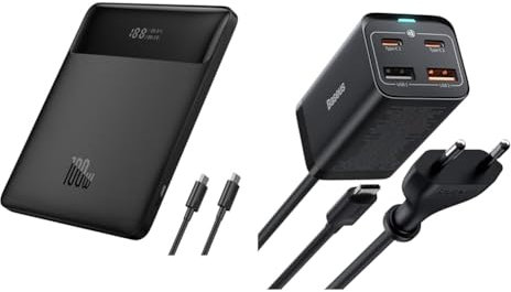 Powerbank Laptop Baseus PD 100 W 20000 mAh USB C Power Bank & USB C Ladegerät, 65W USB C Netzteil 4 Ports GaN Charger mit 1.5m AC Kabel und 100W USB C Kabel für MacBook, iPhone 15 Serie, iPad, Samsung