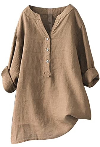 Sommer Shirt Damen,Leinen Tunika,Damen Sommer Leinen Long Bluse Top Langarm Bluse mit Knöpfen Hals T-Shirt Große Größen Casual Tunika Elegant Casual Vintage Style Oversized Shirt Bluse,Beige,L