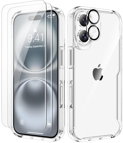 ORETECH para Funda iPhone 16, con [2X Protector de Pantalla][1X Cámara Protector de Pantalla] Antigolpes Antichoque Anti-Arañazos Transparente para Carcasa Fundas iPhone 16 Case 6.1 Clara