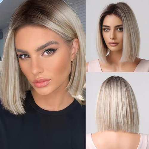 testar Blonde Perücke für weiße Frauen Bob Perücken mit blonden Strähnchen kurzer Mittelscheitel 14 Zoll Spitzen-Haaransatz hitzebeständige Kunsthaarperücke für Mädchen Cosplay (blond)