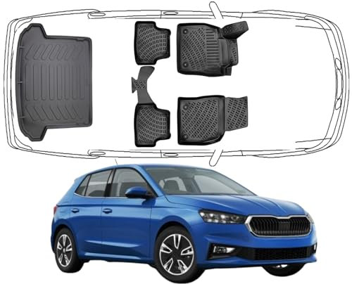 Trimak Passgenau 3D Fussmatten & Kofferraumwanne Auto Set Kompatibel mit Skoda Fabia 4.Gen ab 2021 Auto Zubehör Gummimatten Kofferraumwanne Autos TPE Allwetter Geruchlos rutschfest