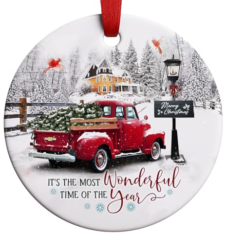 Red Truck Christmas Ornaments Decorations, It's The Most Wonderful Time of The Year Christmas Round Ornament Ceramic for Xmas Tree Hanging Decoration, Vintage Red Truck Christmas Decor