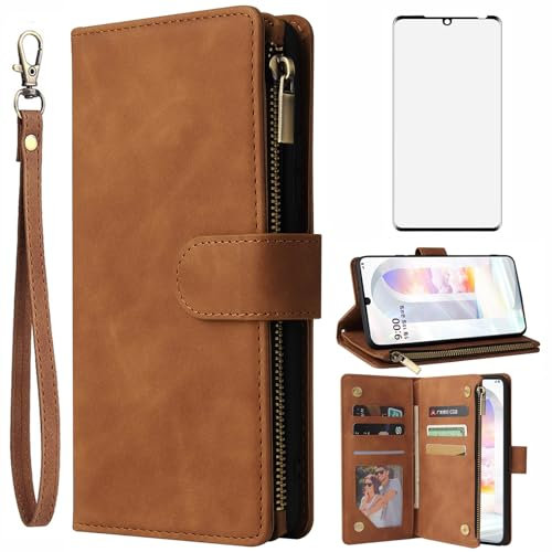 Asuwish Funda para LG Velvet 5G/4G Funda con lámina protectora y tarjetero Plegable Cuero Monedero Soporte LMG910EMW LM-G910EMW Cremallera Cover Teléfono Móvil Fundas Protectora Phone Case Marrón