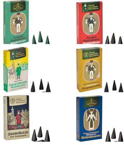 Nostalgie Räucherkerzen 6er Set Duftvarianten Tannenduft, Weihnachtlicher Weihrauch,Erzgebirgischer Weihnachtsduft, Bergmannsduft,Weihnachtszauber & Haamitkerzle, Räucherkegel Größe M,