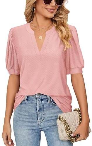 Ritiriko V-Ausschnitt Dot Sommer Damen T-Shirt Mode Blase Ärmel Damen Tops Elegant Solide Farbe Bluse Rosa 2XL