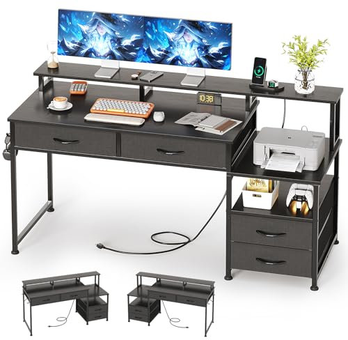 MUTUN 135cm Computer Desk with Power Outlet and Monitor Stand, Reversible Home Office Desk with Fabric Drawers, Wooden Desks with Storage, Study Table, Black