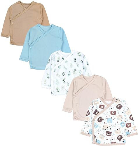 TupTam Baby Jungen Langarm Wickelshirt Baumwolle 5er Set, Farbe: Bärchen Blätter Beige Eisberg, Größe: 56