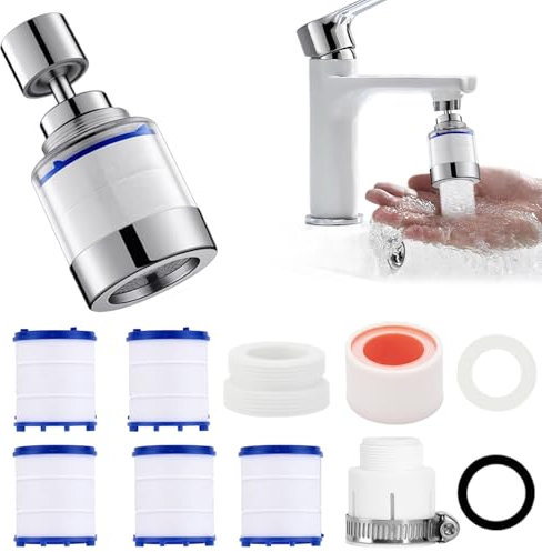 Water Faucet Filters 360° Swivel,1 Pc Tap Water Filters+5 Filter Cartridges,Hard Water Filter for Tap, Splashproof Water Tap Filter to Remove Impurities in Home Kitchen Bathroom