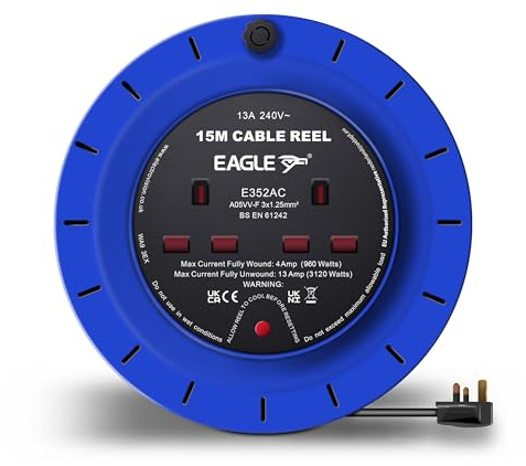 Eagle 2 x UK Socket Extension Reel with Cassette Type Holder, Restable Thermal Safety Cut Out Protection, Winding Handle, UK Plug. Extending Extension Lead 13 Amp 15m