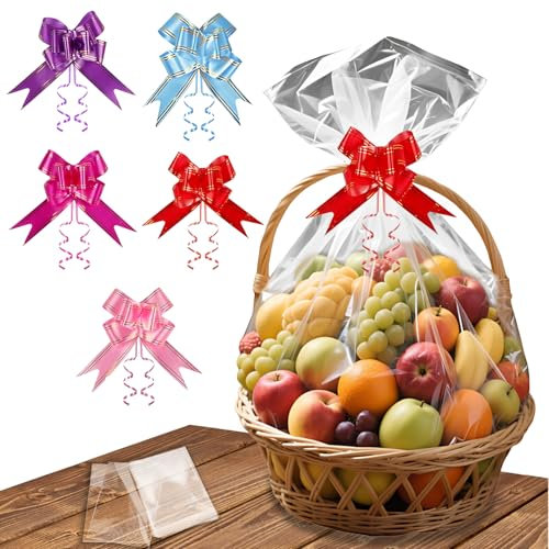 10 Stück Geschenkfolie Transparent, 5 Zellophantüten 60x90 cm mit 5 Farbigen Schleifen, Klarsichtfolie Geschenkfolie für Geschenkverpackungen, Hochzeiten, Kunsthandwerk und Lebensmittel