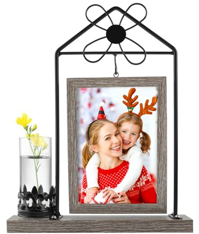 JTgugu 10x15cm Bilderrahmen Holz mit Vase und Metall Ständer Doppelglas Fotorahmen Personalisiert Vintage Holzbilderrahmen Fotogeschenke Bilder Weihnachten Hochzeit Familie Geschenk - Grau