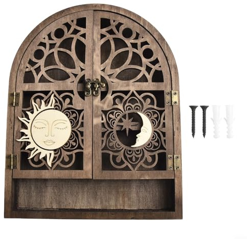 Fauhapyway Holzregal Sonne und Mond mit Tür, für Kristallsteine Display und Gothic Hexe Room Decor