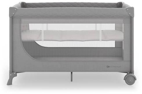 Kinderkraft LEODY UP, 2-in-1 Kinder- und Reisebett, Laufstall, klappbar, mit 2 Bodenhöhen, Rollen mit Arretierung, Seiteneinstieg mit Reißverschluss, Mesh-Seiten, Grau