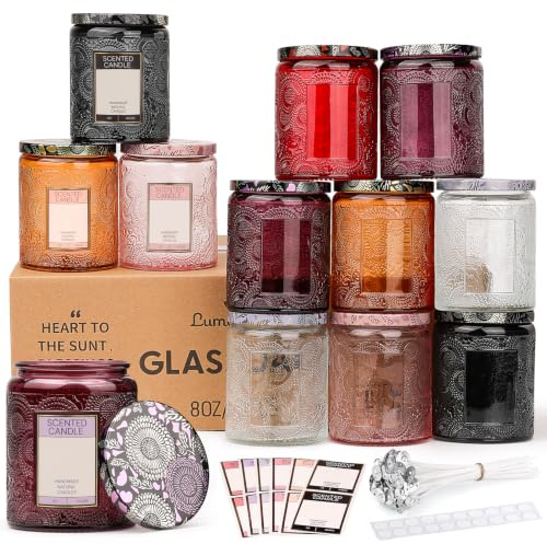 LumaCraft Candle Luxus Relief Kerzengläser zum Kerzen gießen- 12er Pack Leere Glasgefäße mit Luftdichtem Metalldeckel, 20pcs Dochte & 20 pcs Aufkleber - 240ML