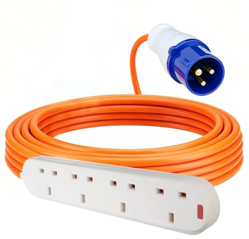 10m Caravan Hook Up Cable - 240V 16A Camping Extension Lead with 4 Way UK Plug Sockets,Power Cord Electric Extension Cable for Motorhomes Campervans