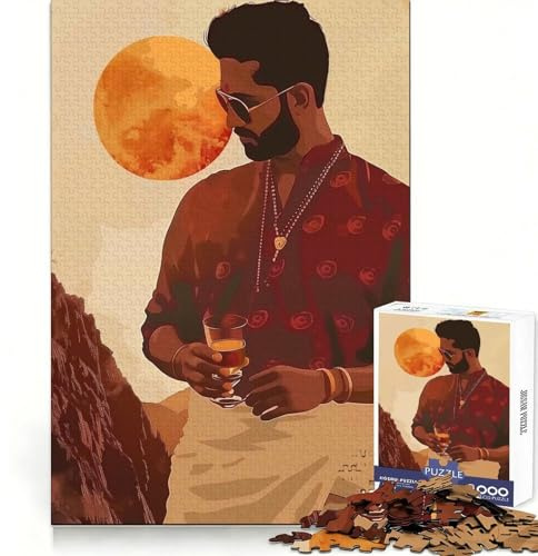 Indian Man with Whiskey Jigsaw Puzzle for Adults 1000 Pieces Brain Think Snug Cut Real Challenge Unique Gift (38x26cm)