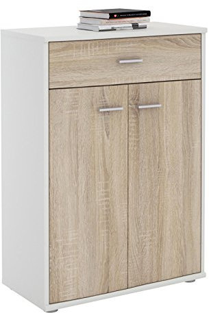 IDIMEX Buffet Calais, Commode Meuble de Rangement avec 1 tiroir et 2 Portes, en mélaminé Blanc Mat et décor chêne Sonoma