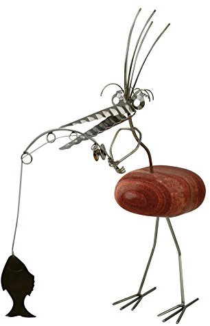 J. Tiedemann Manufaktur & Design Therese Anglerin stehend, die Immer Glück beim Angeln hat. Gartenfigur Edelstahl Steinvogel mit Naturstein, wetterfest, rostfrei.