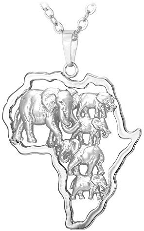 U7 Kette für Damen Herren Afrikanische Landkarte mit Elefanten Anhänger Halskette platiniert Karte von Afrika mit Rolokette Modeschmuck für Party Weihnachten