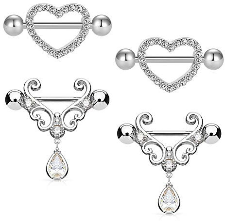 JFORYOU 2 Paar 14 Gauge Brustwarzenpiercing Set mit Anhänger Edelstahl Damen Piercing Brustwarze Schmuck 2 Herz Stil